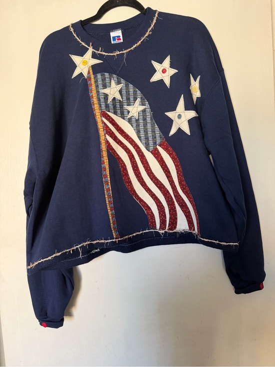 Russell Athletic Tops - Vintage Russell Athletic USA Flag Patchwork Sweatshirt XL Navy Americana